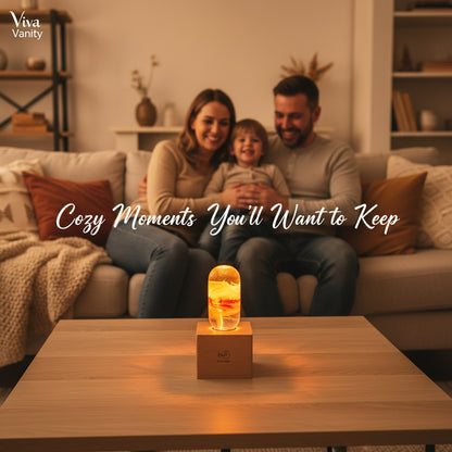 Family sitting on a couch with a glowing lamp on a table in front of them, featuring 'Viva Vanity' branding.