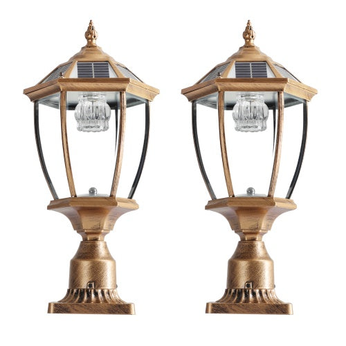 Vintage Gold Solar Pillar Headlights with Dimmable LEDs (2-Pack) – Elegant Outdoor Illumination