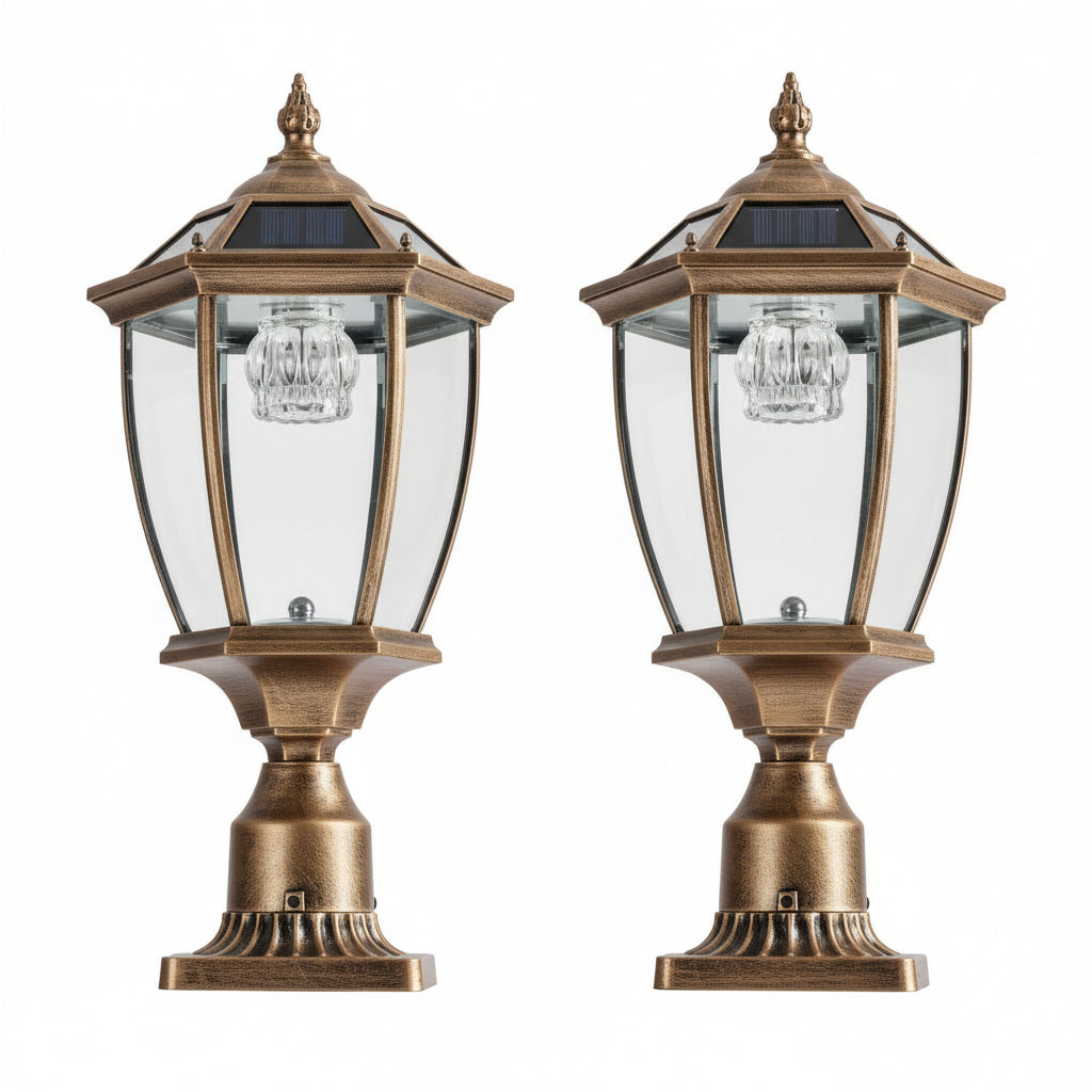 Vintage Gold Solar Pillar Headlights with Dimmable LEDs (2-Pack) – Elegant Outdoor Illumination