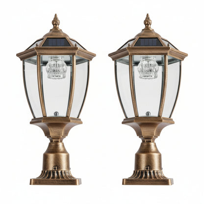 Vintage Gold Solar Pillar Headlights with Dimmable LEDs (2-Pack) – Elegant Outdoor Illumination