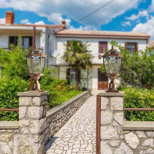 Vintage Gold Solar Pillar Headlights with Dimmable LEDs (2-Pack) – Elegant Outdoor Illumination