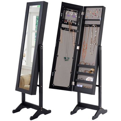 A freestanding black wood jewelry storage cabinet with a full-length mirror, showing the jewelry organization inside.