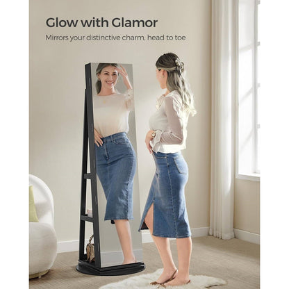 Black Wood Jewelry Cabinet Armoire Organizer with Freestanding Rotating Mirror – Stylish & Functional Storage Solution