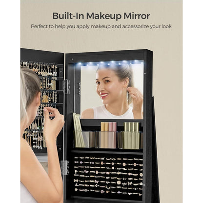 Black Wood Jewelry Cabinet Armoire Organizer with Freestanding Rotating Mirror – Stylish & Functional Storage Solution