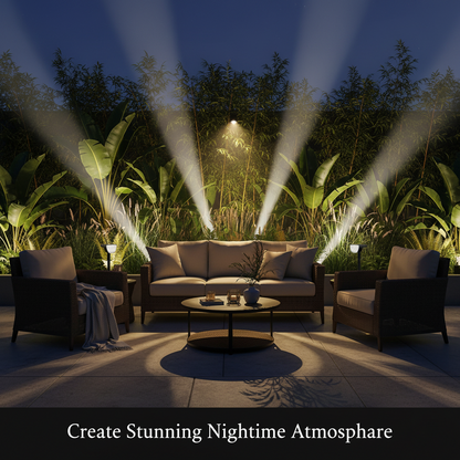 Two black outdoor solar lights with clear lenses on a white background