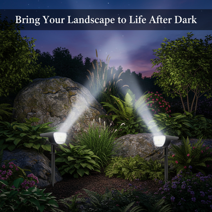 Two black outdoor solar lights with clear lenses on a white background