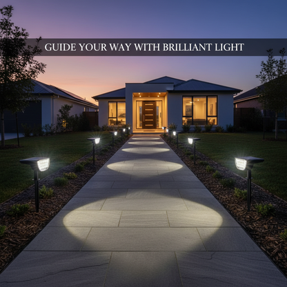 Pathway leading to a house with illuminated outdoor lights at night.