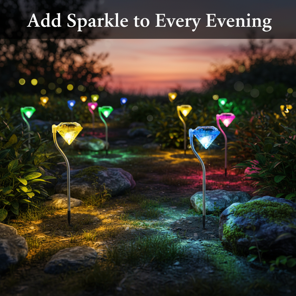 Four colorful diamond-shaped solar lights on stakes with a white background