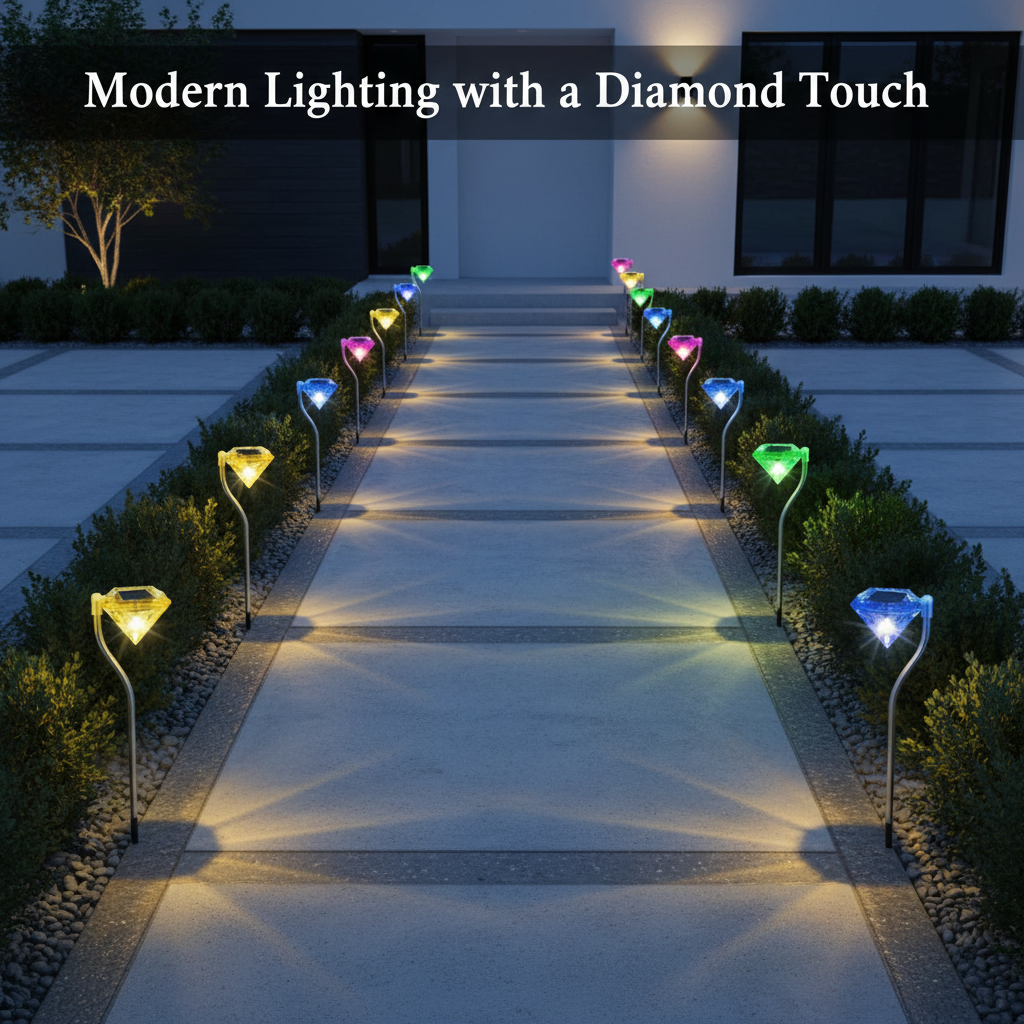 Four colorful diamond-shaped solar lights on stakes against a white background