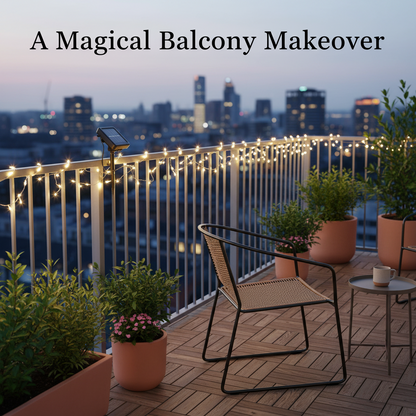 Balcony with string lights, chair, and plants overlooking a cityscape at dusk.