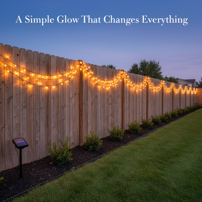 Solar-powered string lights with a solar panel and cable, featuring CE and RHS logos on a white background.