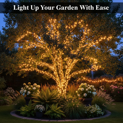 Solar-powered string lights with a solar panel and cable, featuring CE and RHS logos on a white background.