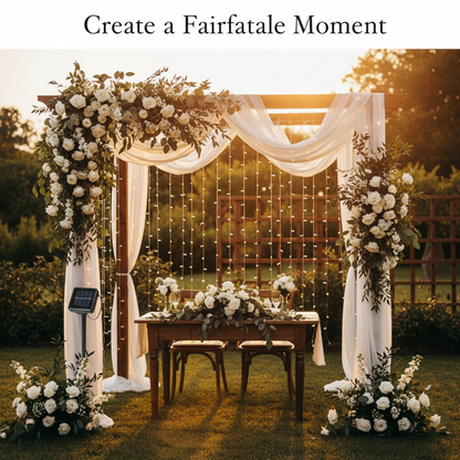 Solar-powered string lights with a solar panel and cable, featuring CE and RHS logos on a white background.