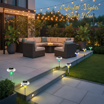 Outdoor patio with solar lights and 'Colorful Nights Start Here' text