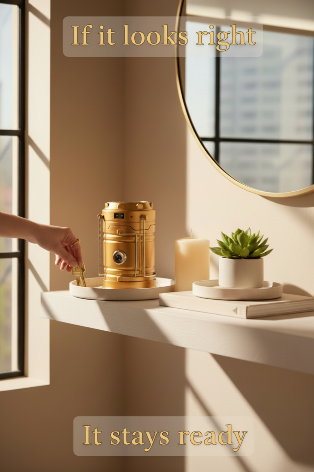Decorative setup with a gold lamp, candle, and plant on a white surface near a window.