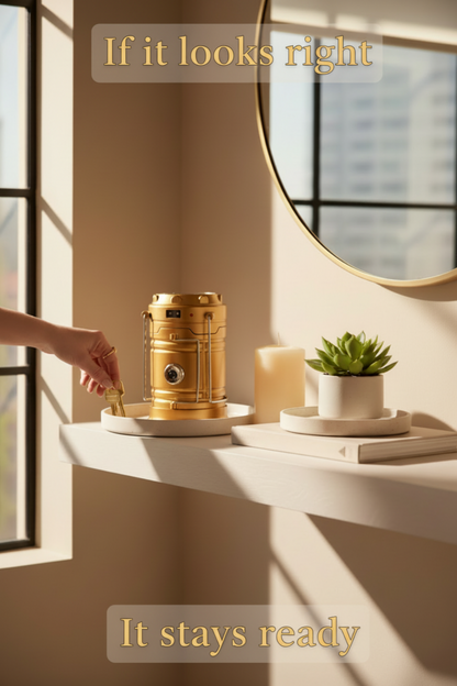 Decorative setup with a gold lamp, candle, and plant on a white surface near a window.