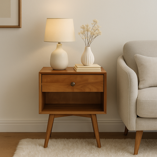 Wooden side table with lamp and decor next to a sofa in a living room.