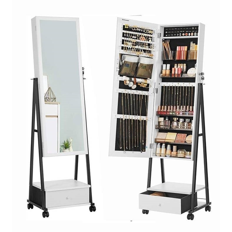 Modern Black Metal & White Wood Jewelry Armoire Cabinet Organizer with Mirror on Wheels