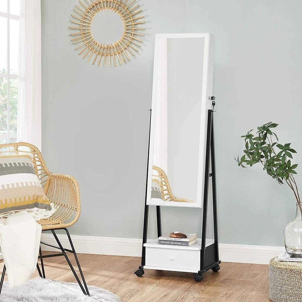 Modern Black Metal & White Wood Jewelry Armoire Cabinet Organizer with Mirror on Wheels