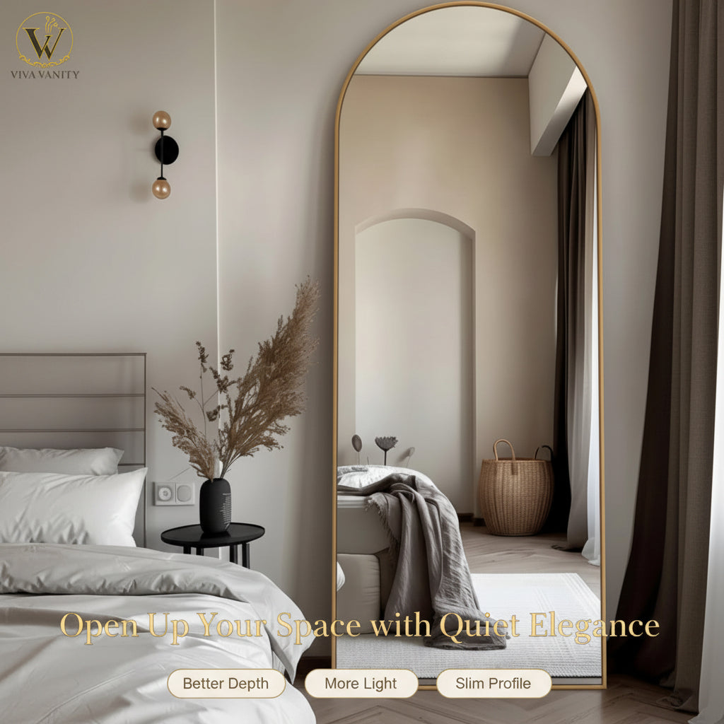 full length floor mirror black & gold 19 21 24 bedroom styling view