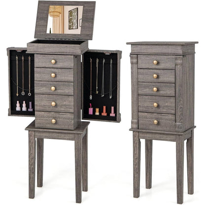 5-Drawer Jewelry Armoire Cabinet with Top Mirror – Elegant Grey Wood Finish