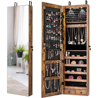 2-in-1 Brown Wood Wall or Door Mounted Jewelry Armoire with Full-Length Mirror – Stylish & Space-Saving
