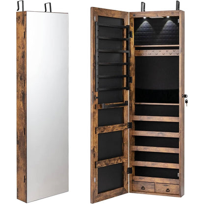 2-in-1 Brown Wood Wall or Door Mounted Jewelry Armoire with Full-Length Mirror – Stylish & Space-Saving
