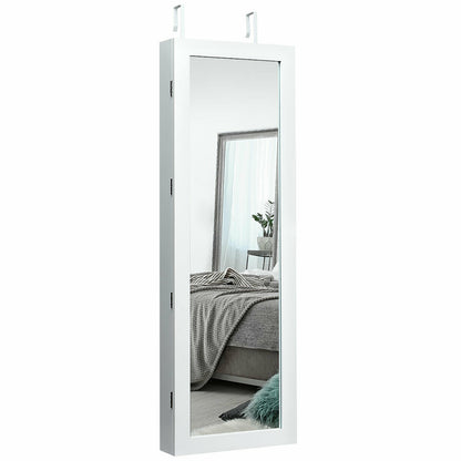 Lockable Wall/Door Mounted Mirror Jewelry Cabinet with LED Lights – White
