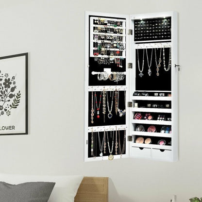 Lockable Wall/Door Mounted Mirror Jewelry Cabinet with LED Lights – White