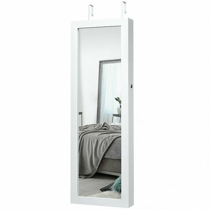 Lockable Wall/Door Mounted Mirror Jewelry Cabinet with LED Lights – White