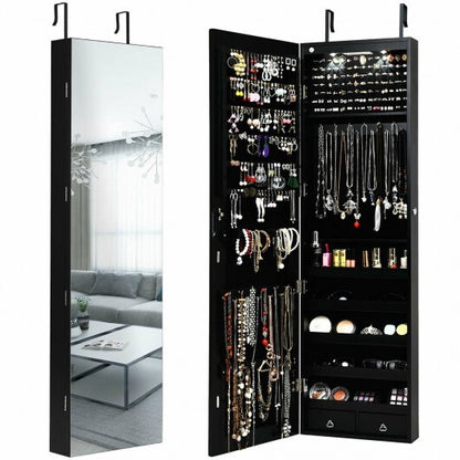 Wall & Door Mounted Mirrored Jewelry Cabinet with LED Lights - Black