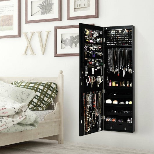 Wall & Door Mounted Mirrored Jewelry Cabinet with LED Lights - Black
