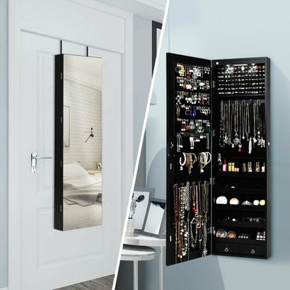 Wall & Door Mounted Mirrored Jewelry Cabinet with LED Lights - Black