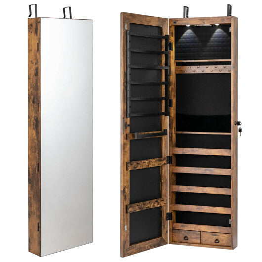 Wall & Door Mounted Mirrored Jewelry Cabinet with LED Lights - Rustic Brown