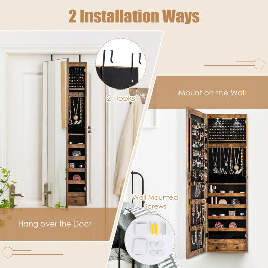 Wall & Door Mounted Mirrored Jewelry Cabinet with LED Lights - Rustic Brown