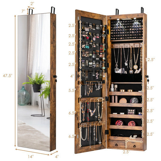 Wall & Door Mounted Mirrored Jewelry Cabinet with LED Lights - Rustic Brown