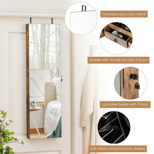 Wall & Door Mounted Mirrored Jewelry Cabinet with LED Lights - Rustic Brown