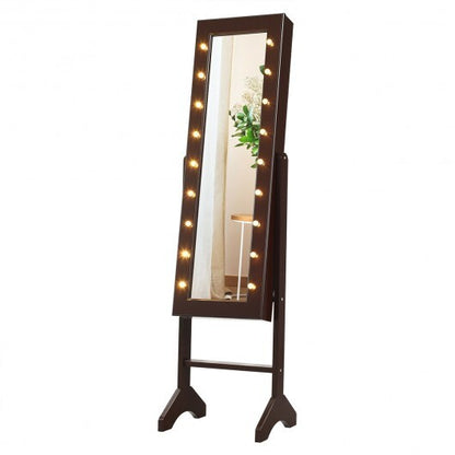 Mirrored Jewelry Cabinet Armoire Organizer w/ LED lights-Brown - Color: Brown