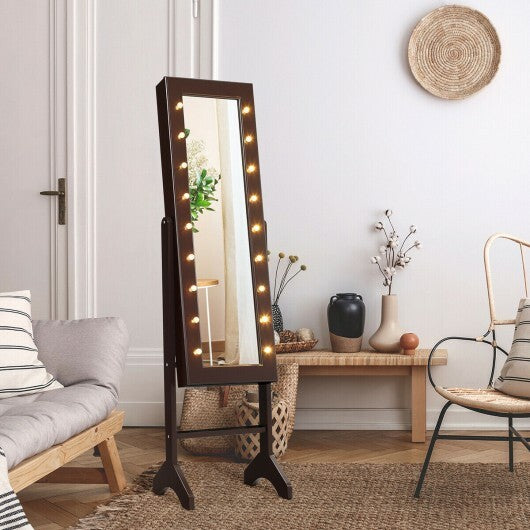 Mirrored Jewelry Cabinet Armoire Organizer w/ LED lights-Brown - Color: Brown