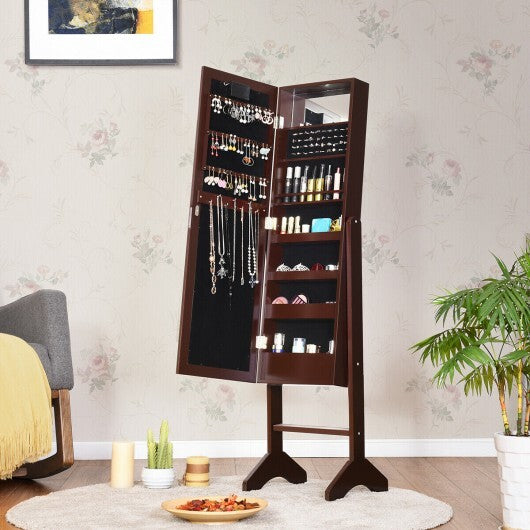 Mirrored Jewelry Cabinet Armoire Organizer w/ LED lights-Brown - Color: Brown