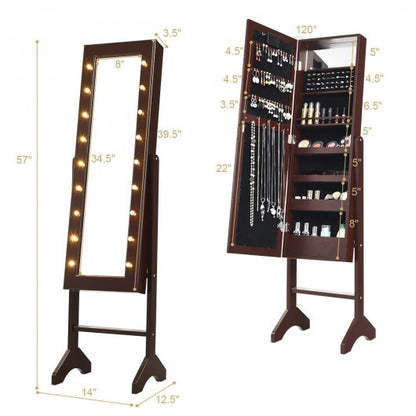 Mirrored Jewelry Cabinet Armoire Organizer w/ LED lights-Brown - Color: Brown