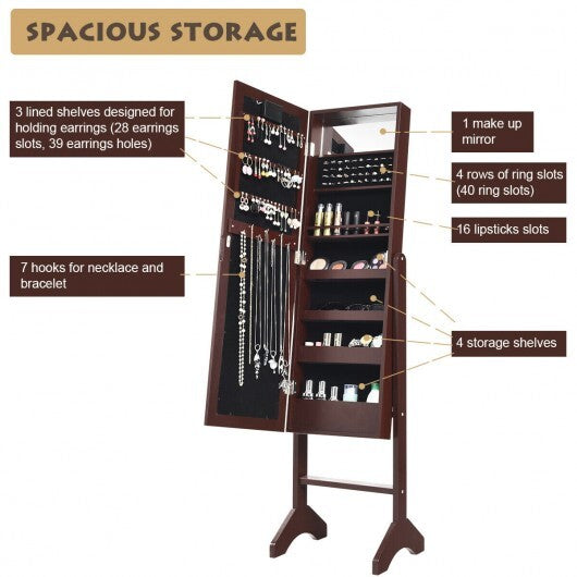 Mirrored Jewelry Cabinet Armoire Organizer w/ LED lights-Brown - Color: Brown
