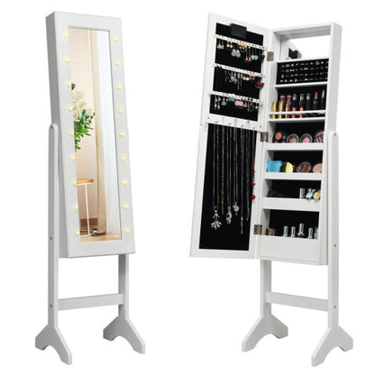 Mirrored Jewelry Cabinet Armoire Organizer w/ LED lights-White - Color: White