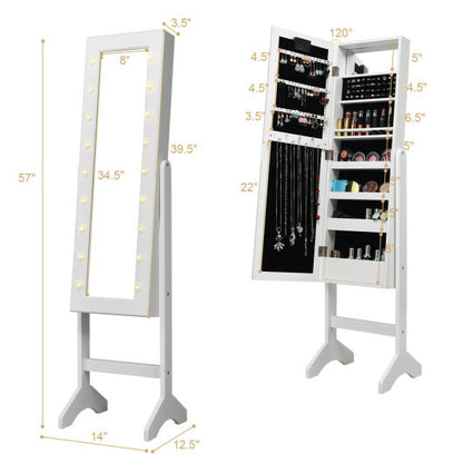 Mirrored Jewelry Cabinet Armoire Organizer w/ LED lights-White - Color: White