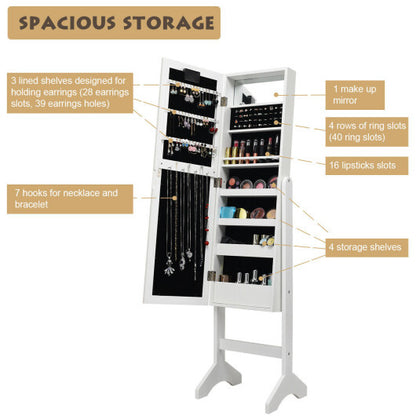 Mirrored Jewelry Cabinet Armoire Organizer w/ LED lights-White - Color: White