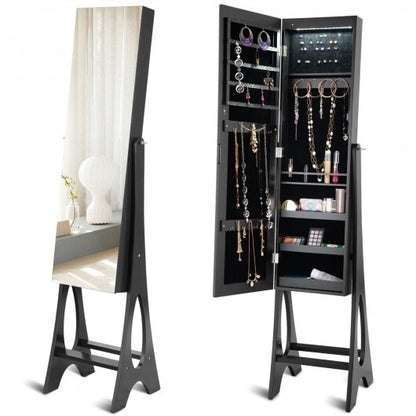LED Jewelry Cabinet Armoire Organizer with Bevel Edge Mirror – Black