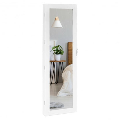 Wall-Mounted Lockable Mirror Jewelry Cabinet with LED Light - White