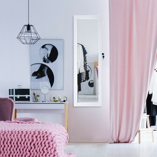 Wall-Mounted Lockable Mirror Jewelry Cabinet with LED Light - White