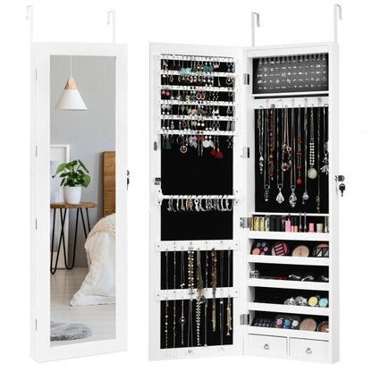 Wall-Mounted Lockable Mirror Jewelry Cabinet with LED Light - White