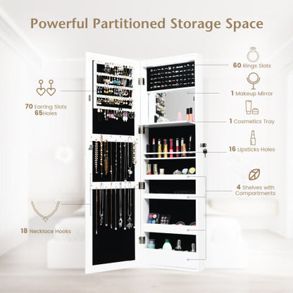 Lockable Wall/Door Mounted Mirror Jewelry Cabinet with LED Lights – White